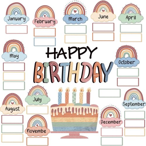 CTR378CT_1 Boho Rainbow Happy Birthday Bulletin Board Rainbow Holiday Board Sign Let's Celebrate Happy Birthday Cloud Accents Cutouts for Calendars Bulletin Boards