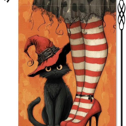 Witch's Black Cat Garden Flag Halloween Holiday Garden Flag Vertical Double Sided Rustic Farmland Burlap Yard Lawn Outdoor Decor 12.5x18"