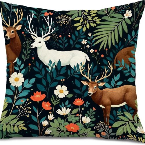 Vintage Floral Deer Pillow Covers 18x18, Cottagecore Room Decor, Retro Art Nouveau Wildflower Botanical Forest Deer Decorative Throw Pillow Covers for Farmhouse Home Bedroom Living Room