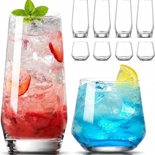 Large & Small Drinking Glasses Set of 8-4 Tall Glass Cups 18 oz & 4 Short Stemless Wine Glasses 13 oz, Highball Glasses, Glassware Sets for Cocktail, Beer, Wine, Whiskey, Water & Juice Drinkware