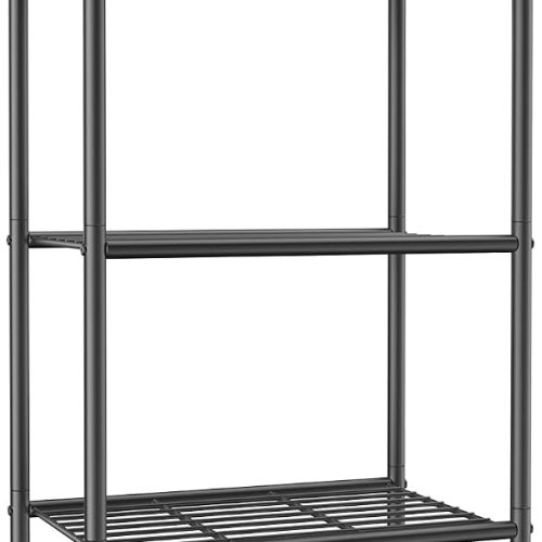 Sakugi 5-Tier Storage Rack Organizer with Hooks, Heavy Duty Metal Garage Rack with Leveling Feet, Freestanding Utility Rack for Bedroom, Balcony and Garage, 18.1"×12.4"×56.8", Black