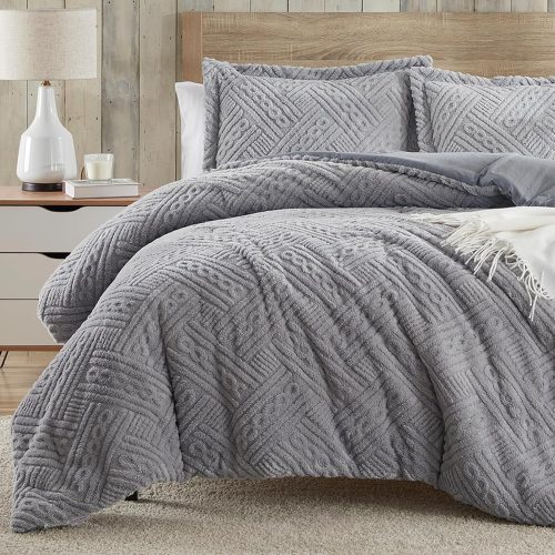 Homelike Moment Fleece Queen Comforter Set, Fluffy Bed Set 3 Piece Grey