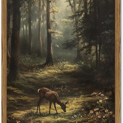 Framed Vintage Forest Deer Canvas Wall Art, Rustic Nature Landscape Paintings Wall Decor, Woodland Animal Pictures Prints Cottagecore Home Decor for Living Room Bedroom Office 8x10inch