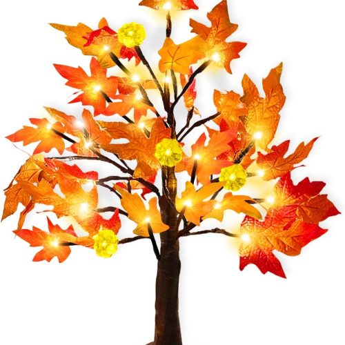 Prelit Fall Maple Tree with Pumpkin Lights Timer 24 Warm White LED 18 Inch