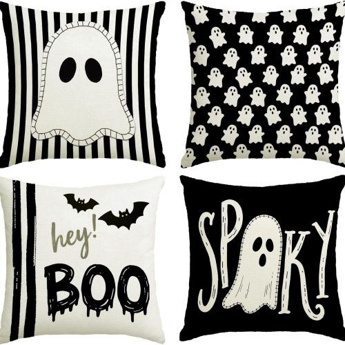 Halloween Decor Pillow Covers 18x18 Inch,Set of 4 Halloween Decorations Outdoor Indoor Throw Pillow Covers, Hey Boo Cute Spooky Ghost Black Striped Linen Cushion Case for Home Sofa Couch Bed Chair