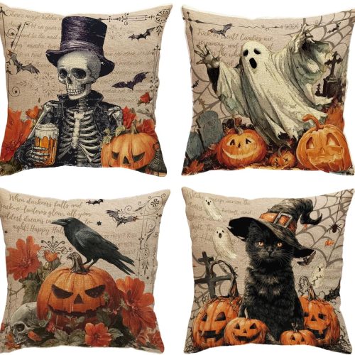 Halloween Pillow Covers 18x18 Set of 4 Linen Vintage Spooky Halloween Decor