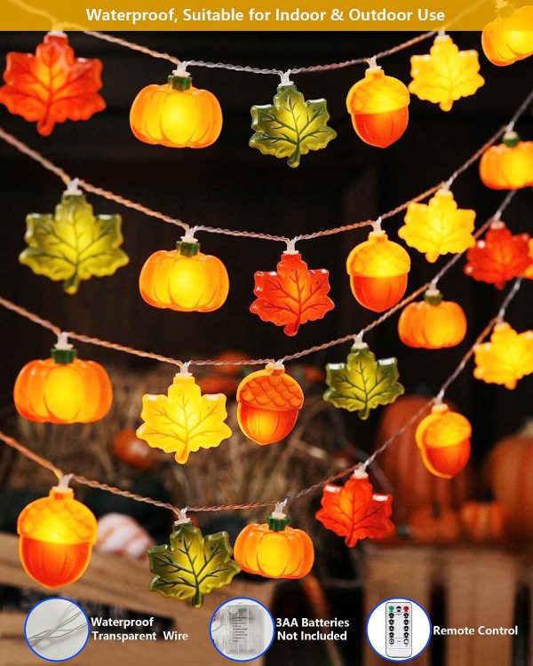Fall Thanksgiving Lights Battery Operated 10Ft 20 LED Pumpkin Acorn Maple Leaf String Lights with Timer, Orange Autumn Light for Indoor Outdoor, Halloween Harvest Fall Decor for Home Porch Party