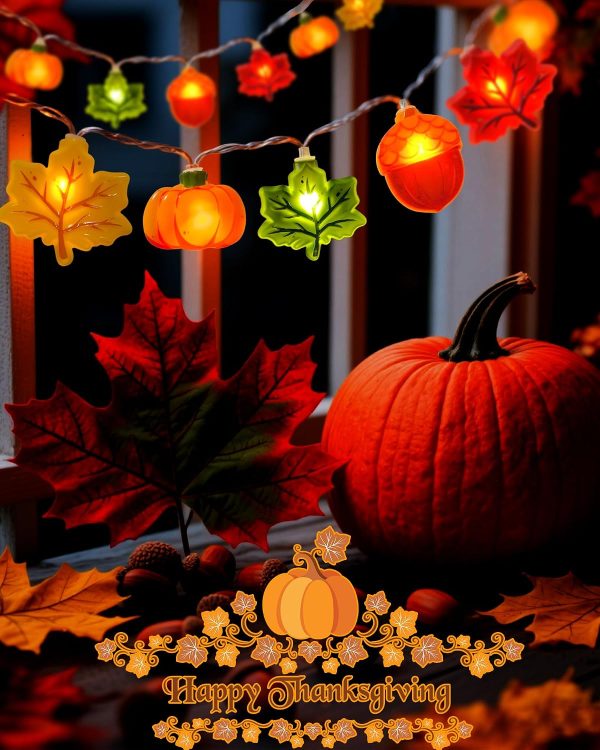 Fall Thanksgiving Lights Battery Operated 10Ft 20 LED Pumpkin Acorn Maple Leaf String Lights with Timer, Orange Autumn Light for Indoor Outdoor, Halloween Harvest Fall Decor for Home Porch Party
