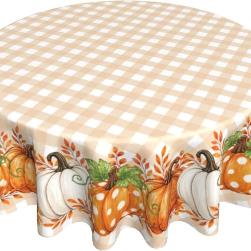 Khope Fall Round Tablecloth 60 Inch Water-Resistant Washable Fabric Reusable Autumn Orange White Pumpkin Plaid Table Cover for Decoration Indoor Outdoor Dining
