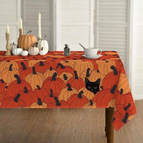 Horaldaily Fall Tablecloth 52 x 70 Inch Rectangular Black Cat Pumpkin