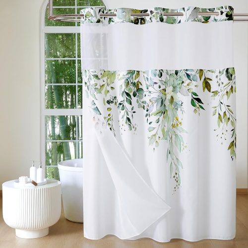 QiyI No Hook Shower Curtain with Snap in Fabric Liner, Sage Green, 72 x 75
