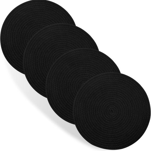 Round Placemats Set of 4, Cotton Rope Thick Place Mats, Heat Resistant Woven Table Mats, Hot Pads for Kitchen, 13 Inches Braided Placemat for Farmhouse and Kitchen Table Decor (Black)