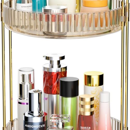 GTI 360°Rotating Makeup Organizer, 2 Tier Bathroom Counter Organizer,Large Capacity Perfume Cosmetics Skincare Vanity Organizers, Dresser Spinning Countertop Organizer and Storage for Women (Gold)