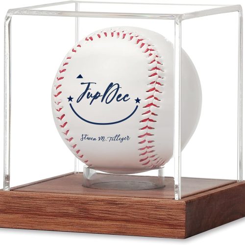 JupDec Baseball Display Case - Clear Cube Baseball Holder with Wooden Base, Autograph Stand Box for Single Ball, Acacia Wood, Brown, 1 Pack