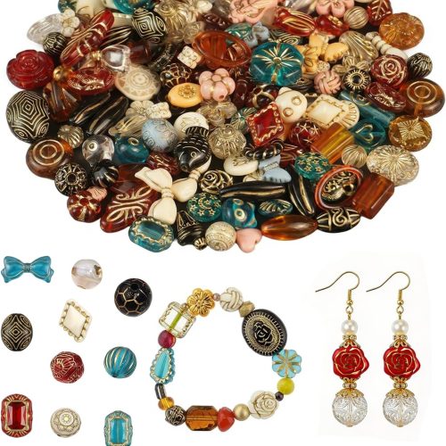 120-160Pcs Cute Assorted Kawaii Aesthetic Beads 100G Vintage Bohemian Acrylic Bead in Bulk Round Oval Butterfly Flower Czech Style Beads Jewelry Making Metal Enlaced Charm DIY Craft（Dark Colorful）