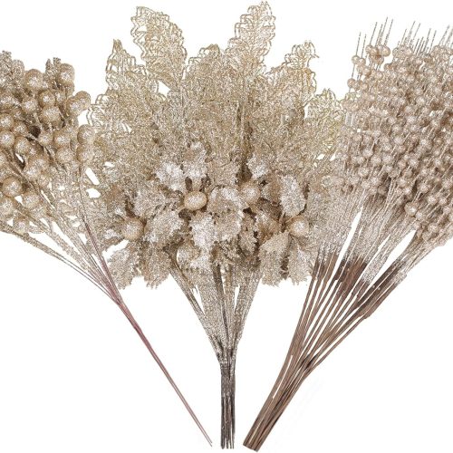 Alupssuc 24 Pcs 3 Styles Glitter Christmas Tree Picks and Holly Berry Stems Christmas Decorations Set, Poinsettia Flowers Artificial for Xmas Tree Ornaments or Party Wreath Fireplace, Champagne Gold
