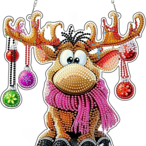 KEYIFA Christmas Diamond Painting Kit, DIY Reindeer Diamond Art for Adults, Diamonds Painting Pendant Special Shaped Rhinestone Window Hanging Ornaments Home Garden Wall Door Decoration, 20cm Width