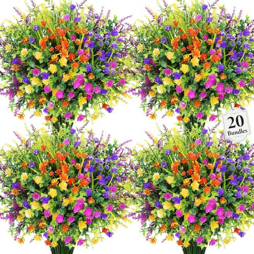 20 Bundles Artificial Plastic Flowers for Outdoors, Mixed Color