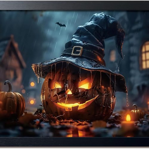Wood Framed Dark Halloween Pumpkin Wall Art, Gothic Witch Hat Jack-o'-Lantern Canvas Print, Dark Academia Spooky Haunted House Poster Wall Art for Living Room Bedroom Room Aesthetics 12x16 inch