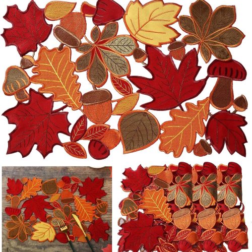 Fall Placemats Set of 6 Thanksgiving Embroidered Maple Table Mat, 11x17 in