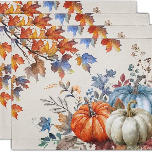 Fall Placemats Set of 4, 12 x 18 Inch Blue and Orange Pumpkin Fall Maple Leaves Washable Heat Resistant Rectangle Place Mat Thanksgiving Decor Table Mats for Seasonal Kitchen Dining