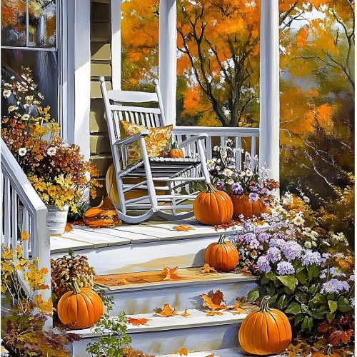 MXJSUA Halloween Autumn Porch DIY Diamond Painting Kits for Adults, Pumpkins Diamond Gem Art Painting for Beginners, Diamond Picture with Full Round Drill Dots Craft Set Gift, 12x16 Inch