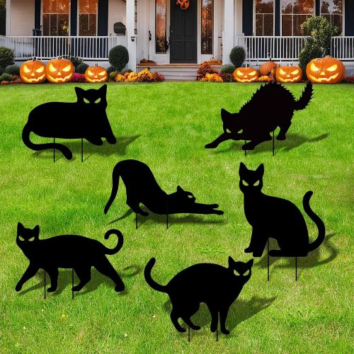 CTkb081ahceynGT_1 6 Piece Halloween Black Cat Yard Signs with Stakes 6 Assorted Designs 15 x 12 Inches Large Scary Cat Signs Silhouette for Outdoor Garden, Lawn, Patio, and Spooky Outdoor Decorations