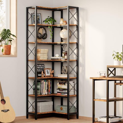 WF0242MAX_1 IRONCK Corner Bookshelf, 7-Tier Industrial Corner Shelf, Vintage Brown