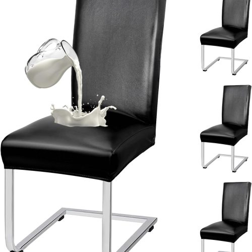WF10571MAX_1 PU Leather Dining Chair Covers Removable 100% Waterproof Chair Covers for Dining Chairs Set of 4, Stretchy & Soft High Back Kitchen Chairs Cover Protectors (Black)