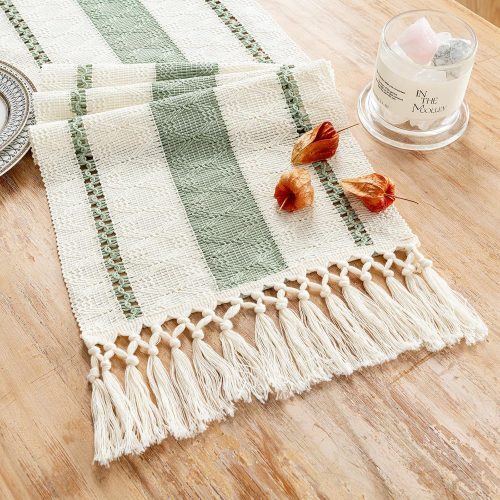 WF11832MAX_1 Fancy Homi Sage Green Table Runner 48 Inches Long Boho Macrame Table Runner for Home Decor, Farmhouse Table Runners with Tassels for Party Bohemian Rustic Bridal Shower Dining Decor 12x48 Inches