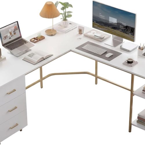 Techni Mobili 59" Two-Tone L‑Shaped Office Desk with Storage Shelves, Gold