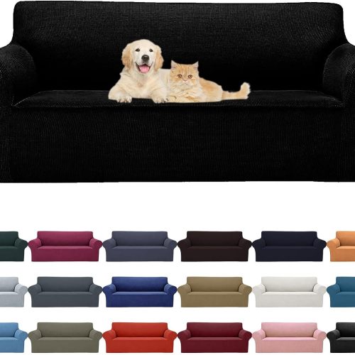 WF9757MAX_1 Cupuamon 2026 New Stretch Sofa Slipcovers Couch Cover for 3 Cushion Furniture Protector Sofa Covers with Elastic Bottom Jacquard Fabric Small Checks for Pets, Kids -Sofa, Black
