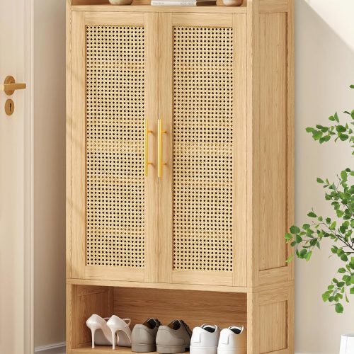 Keehusux Rattan Shoe Cabinet with Doors & Adjustable Shelves, Natural Oak