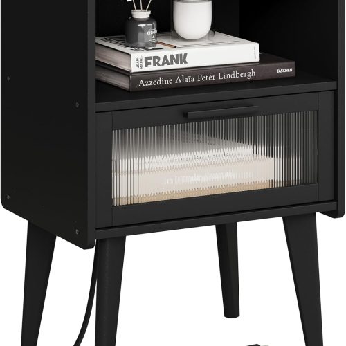 WFESA-HD-0001_1 MMEOLUOOK Nightstand with Charging Station, Bedside Tables, End Table Side Table with 2 Tiers Storage Space, for Bedroom, Living Room, Black CAMLBZ07BE